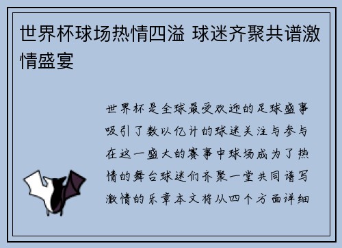 世界杯球场热情四溢 球迷齐聚共谱激情盛宴